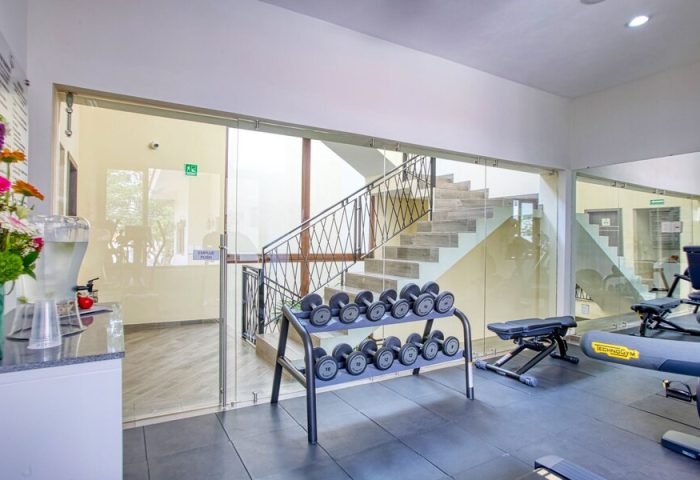 Casa Nicole Boutique Hotel's gym. Gay-friendly hotel featuring free weights, machines, and a staircase. A great place to workout.