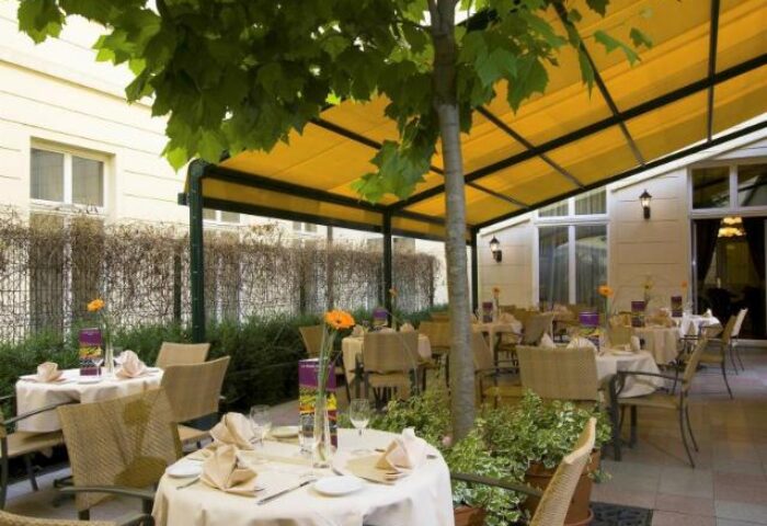 Hotel Century Old Town Prague MGallery's pet-friendly outdoor dining area. Gay-friendly hotel in Prague's Old Town with a charming ambiance.