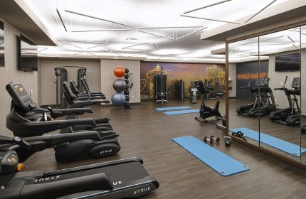 Circa Resort and Casino's gym, an adults-only, gay-friendly hotel. Treadmills, weights, and exercise balls are visible.