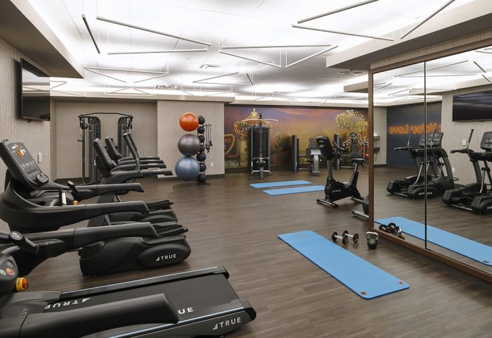 Circa Resort and Casino's gym, an adults-only, gay-friendly hotel. Treadmills, weights, and exercise balls are visible.