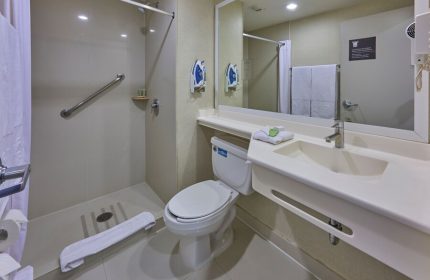 Bathroom at City Express Plus by Marriott Ciudad de México Reforma El Ángel, a gay-friendly hotel. Features a shower, toilet, and sink.