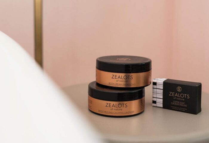 Coco-mat Athens BC gay-friendly hotel: Zealots of nature body cream energizing, body peeling calming lavender, and coffee soap for body peeling.