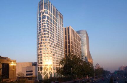 Conrad Beijing hotel exterior view. Gay-friendly hotel with modern architecture. Travel advice for gay men visiting Beijing, China.