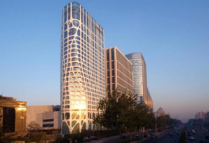 Conrad Beijing hotel exterior view. Gay-friendly hotel with modern architecture. Travel advice for gay men visiting Beijing, China.