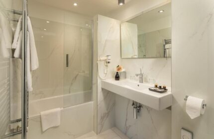 Bathroom at the Gay-Friendly Continental Hotel. Features a modern sink, mirror, shower with glass door, and marble accents. Upscale amenities.