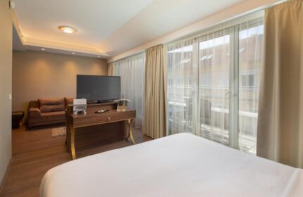 Continental Hotel room: bed, TV, and balcony. Gay-friendly hotel with modern design. Perfect for gay men's travel. Comfortable stay.
