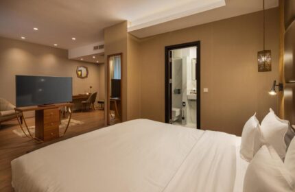 Continental Hotel room. Modern gay-friendly hotel with a king-size bed, TV, desk, and bathroom. Ideal for gay men travel.