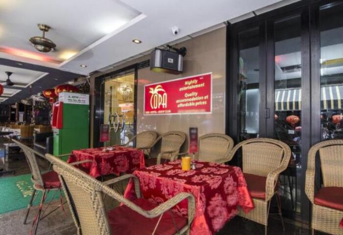 Copa Hotel's outdoor dining area. This gay-friendly hotel offers quality accommodation and nightly entertainment at affordable prices.