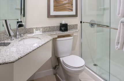 Bathroom at Gay-Friendly Courtyard Long Beach Downtown hotel. Sink, toilet, shower, granite countertop, and modern design. Great for gay travel.