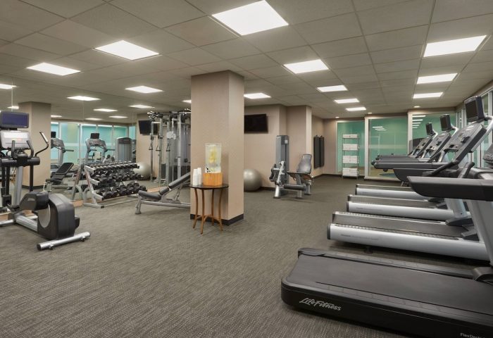 Courtyard by Marriott Toronto Downtown's gym. Gay-friendly hotel with treadmills, weights, & fitness equipment for a healthy stay.