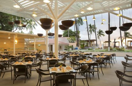 Crown Paradise Golden All Inclusive Adults Only gay-friendly hotel restaurant. Tables set for dining, palm trees in background.