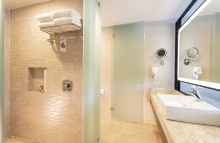 Crown Paradise Golden All Inclusive Adults Only gay-friendly hotel bathroom. Shower, sink, and mirror in a modern, clean design.