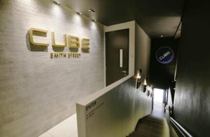 Cube Boutique Capsule Hotel @ Chinatown entrance. Gay-friendly hotel interior with stairs. Capsule hotel in Singapore for gay travelers.