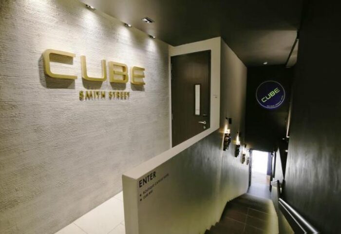 Cube Boutique Capsule Hotel @ Chinatown entrance. Gay-friendly hotel interior with stairs. Capsule hotel in Singapore for gay travelers.