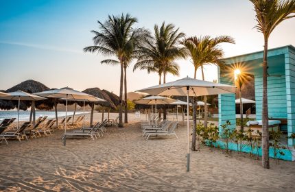 Gay-friendly Delta Hotels by Marriott Riviera Nayarit All-Inclusive beach. Loungers, umbrellas, and palm trees at a gay resort.