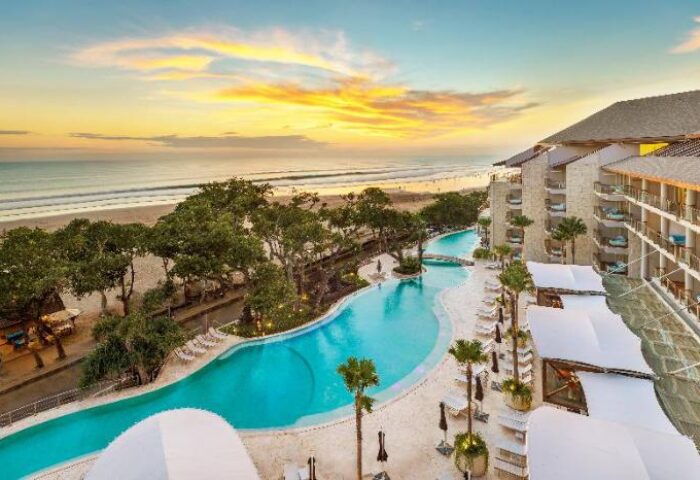 Double-Six Luxury Hotel Seminyak view. Gay-friendly hotel with pool, beach, and sunset. A great place for gay men to relax in Seminyak, Bali.