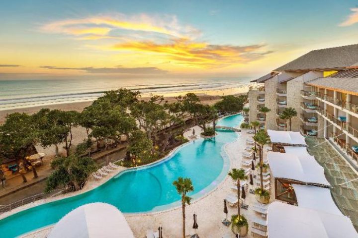 Double-Six Luxury Hotel Seminyak view. Gay-friendly hotel with pool, beach, and sunset. A great place for gay men to relax in Seminyak, Bali.