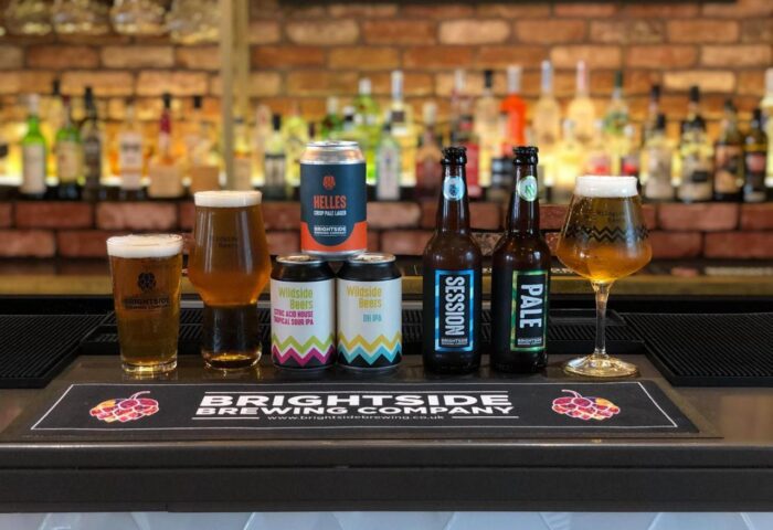 Beers at DoubleTree by Hilton Hotel Manchester-Piccadilly. Brightside Brewing beers: Helles, Wildside, Session, and Pale. Gay-friendly hotel bar.