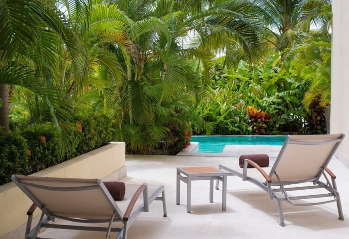 Dreams Vallarta Bay Resort & Spa all-inclusive, gay-friendly hotel. Two lounge chairs face a pool surrounded by lush tropical plants.