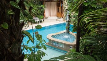 Eco-hotel El Rey del Caribe pool view. Gay-friendly hotel with lush greenery, a dolphin fountain, and a relaxing atmosphere for gay travelers.