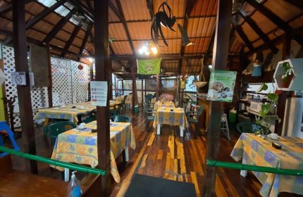 Dining area at El Rey del Caribe, a gay-friendly eco-hotel. Tables with patterned cloths under a wooden roof. A welcoming space for gay travelers.