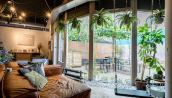 Ecomama Hotel's gay-friendly vibe: Cozy lounge with leather couch, plants, and a swing. View to the garden. Interior design.
