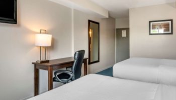 Econo Lodge gay-friendly hotel room. Two beds, a desk with a lamp, a chair, a mirror, and a TV. Comfortable stay for gay travelers.