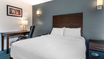 Econo Lodge gay-friendly hotel room interior. Bed, desk, chair, and nightstand with safe. Comfortable lodging for gay travelers.