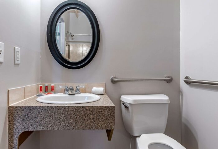 Econo Lodge gay-friendly hotel bathroom. Sink, oval mirror, toilet with grab bars. Accessible design for LGBTQ+ travelers.