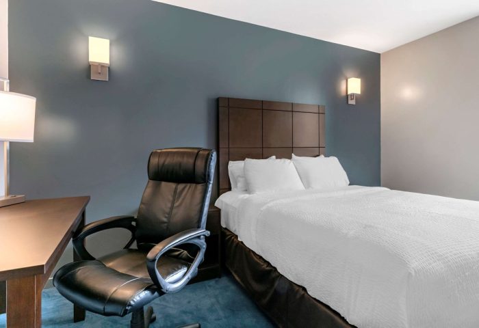 Econo Lodge hotel room. Gay-friendly travel lodging with a comfy bed, desk, and chair. A good choice for gay men's travel.