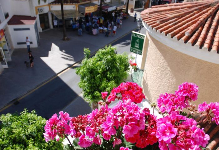 View from El Pozo, a gay-friendly hotel. Pink flowers, street scene, and hotel sign visible. Great gay travel advice destination.