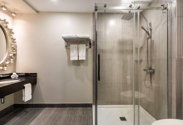 Empire Suites gay-friendly hotel bathroom. Shower stall with glass door, vanity with mirror, and modern fixtures. Great for gay travel.