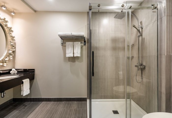 Empire Suites gay-friendly hotel bathroom. Shower stall with glass door, vanity with mirror, and modern fixtures. Great for gay travel.