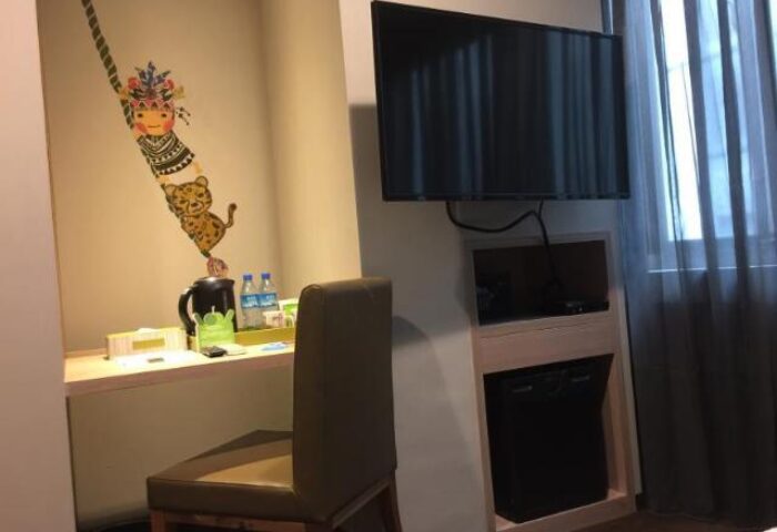 Energy Inn gay-friendly hotel room interior. Wall art of a child and tiger on a rope, TV, mini fridge, desk with kettle and water bottles.