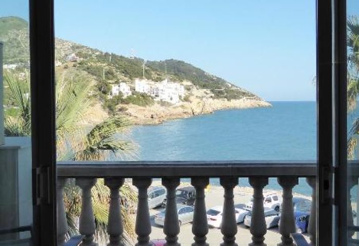 View from a room at Estela Barcelona, a gay-friendly hotel. Balcony overlooking the Mediterranean sea. Coastal hotel.