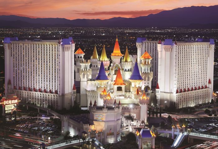 Excalibur Hotel, a gay-friendly hotel in Las Vegas, Nevada. The hotel is designed like a medieval castle with colorful spires.