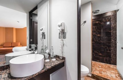 Exe Cities Reforma gay-friendly hotel bathroom. Sink, shower, and toilet are visible. A mirror reflects the room, including a couch.
