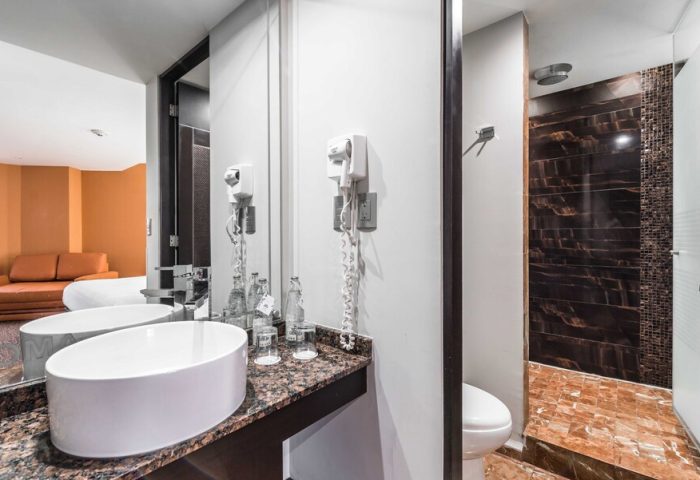 Exe Cities Reforma gay-friendly hotel bathroom. Sink, shower, and toilet are visible. A mirror reflects the room, including a couch.