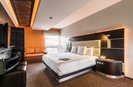Exe Cities Reforma gay-friendly hotel room. Modern design, king bed, orange accent wall, and sofa. Ideal for gay travelers in Mexico City.
