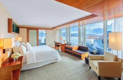 Fairmont Pacific Rim Hotel room. Gay-friendly hotel with city & harbor views. Luxury suite, modern design. Ideal for gay travel in Vancouver.