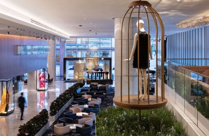 Fairmont Pacific Rim Hotel lobby. A gay-friendly hotel with a mannequin in a birdcage. Modern design, luxury travel, Vancouver.