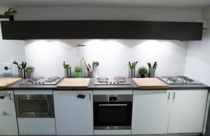 Kitchen at Flying Pigs Downtown Hostel, Amsterdam. Gay-friendly hotel with cooking facilities. Ovens, hobs, and utensils for guests' use.