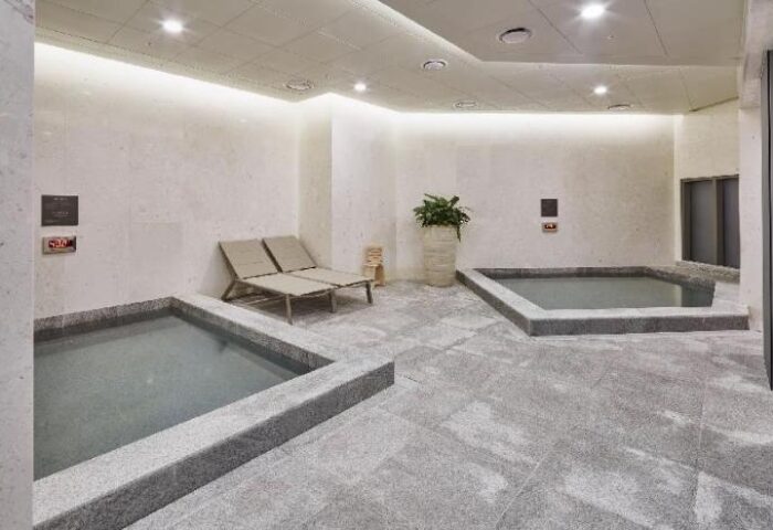 Four Points by Sheraton Seoul, Gangnam gay-friendly hotel spa. Two pools, lounge chairs, and a plant in a pot. Modern, clean design.