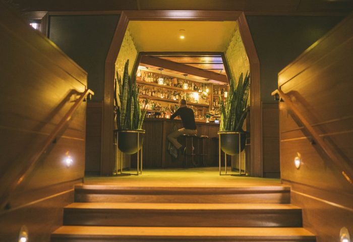 Freehand Chicago gay-friendly hotel bar. Person sits at the bar, viewed from the stairs. Plants flank the entrance. Nightlife.