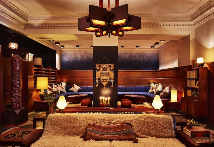 Freehand Chicago's gay-friendly hotel interior. Lounge area with plush seating, unique lighting, and stylish decor. A welcoming space for LGBT travelers.