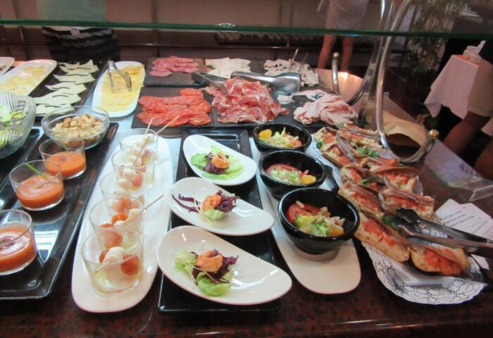 Gay-friendly Hotel Galeon buffet. Selection of cheeses, meats, salads, and tapas. Breakfast or brunch options for gay travelers.