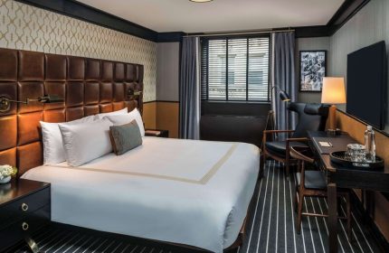 Gild Hall, A Thompson Hotel By Hyatt room. Gay-friendly hotel with a leather headboard, desk, chair, and striped carpet.