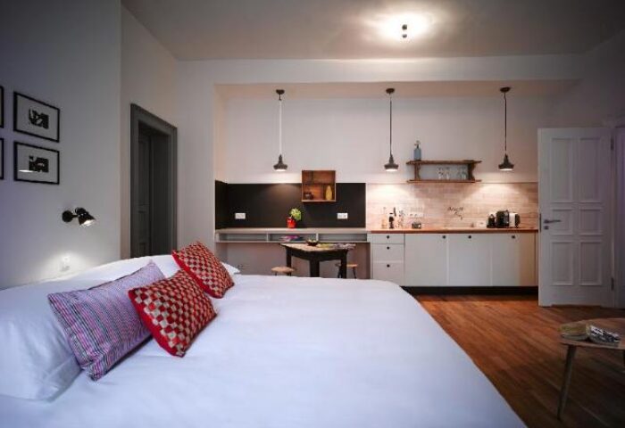 Gorki Apartments pet-friendly room. Gay-friendly hotel studio with bed, kitchen, and wooden floor. Modern design, ideal for gay travelers.