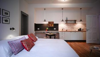 Gorki Apartments pet-friendly room. Gay-friendly hotel studio with bed, kitchen, and wooden floor. Modern design, ideal for gay travelers.