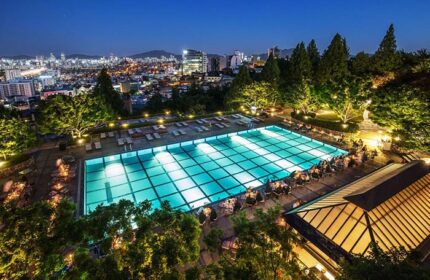 Grand Hyatt Seoul gay-friendly hotel pool at night. Illuminated pool with city skyline. Upscale travel destination for gay men.
